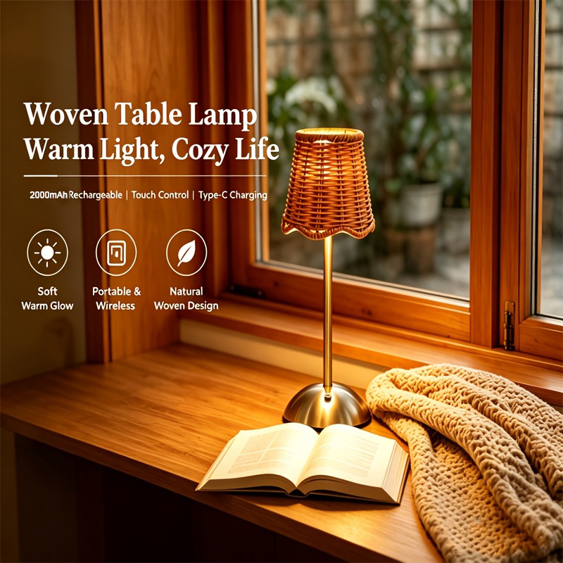 Desk Setup Lamp - Lampu Meja Seni Anyaman Rotan Bohemian,