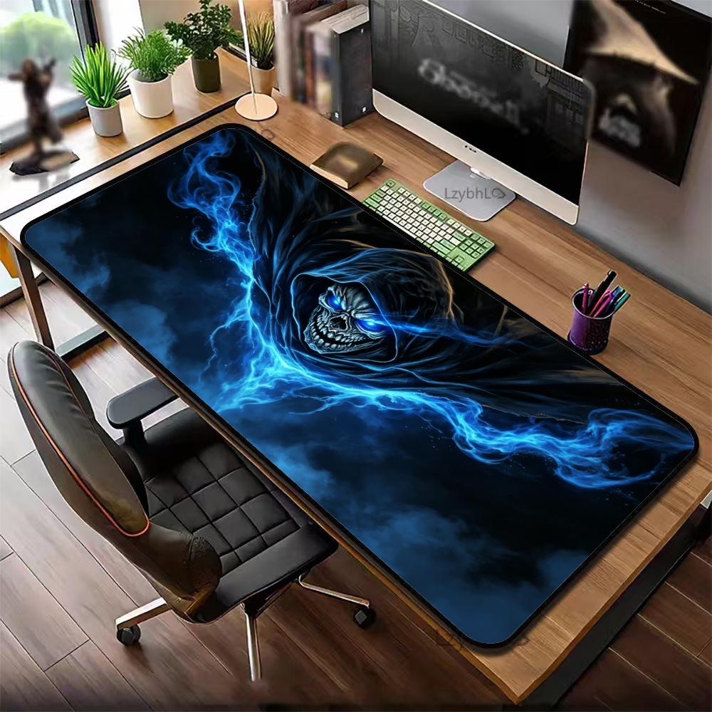 Desk Setup Blue - Alas Mouse Gaming Motif Tengkorak Biru