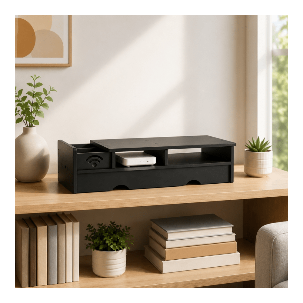 Desk Setup Bedroom - Kotak Penyimpanan Router WiFi Hitam Matte,